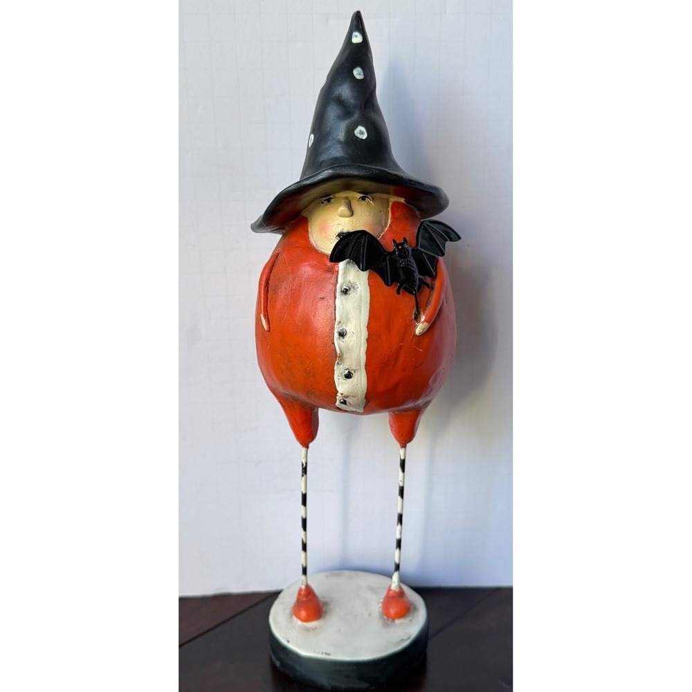 Halloween Resin Witch Figurine Long Striped Legs Polka Dot Hat Bat HB18CY002 13"